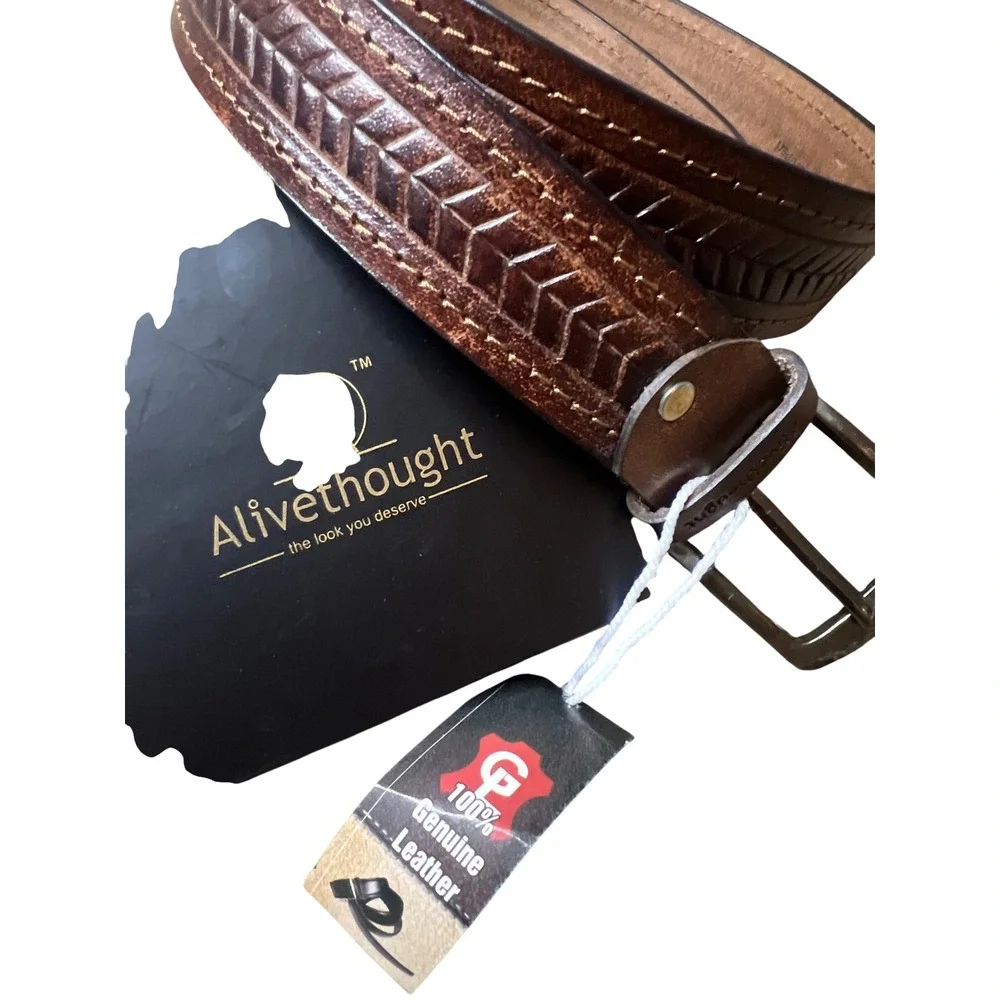 Alivethought Mens Brown Genuine Leather Belt Embossed Chevron Stitched 47 Inch